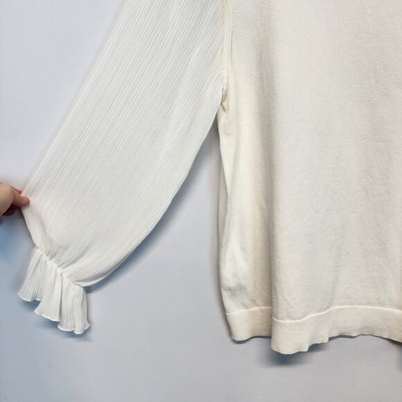 CeCe Pleated Mock Neck Sweater Size M White Sheer Ruffle Sleeve Career Chic - Picture 3 of 9